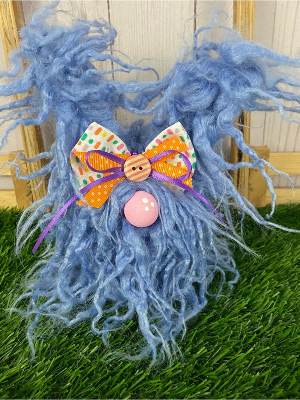 Periwinkle Bunny Gnome Frazzled Mongolian Faux Fur Bow Easter Spring Home Decor